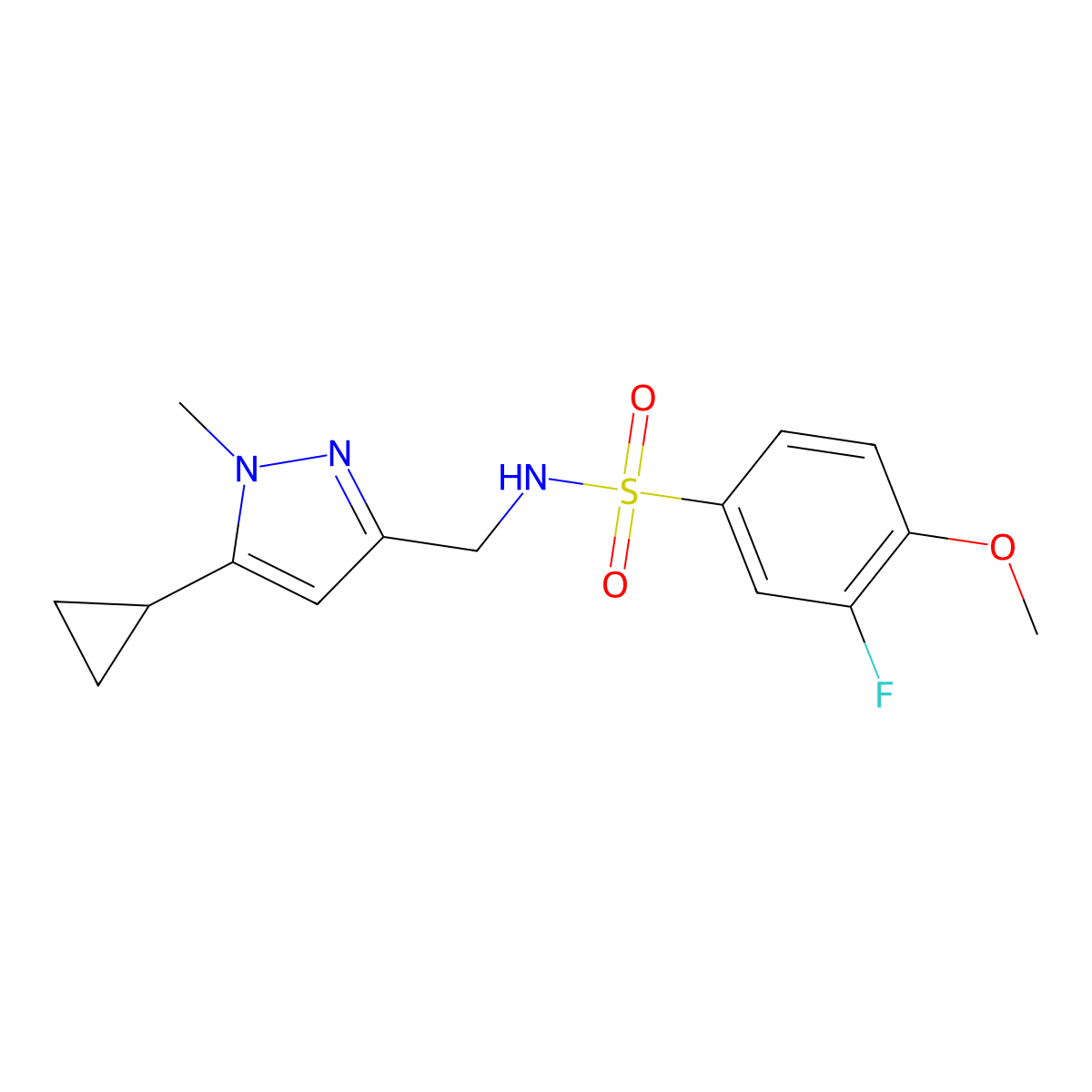 N-((5-cyclopropyl-1-methyl-1H-pyrazol-3-yl)methyl)-3-fluoro-4-methoxybenzenesulfonamide molecular structure, CAS 1448122-86-8