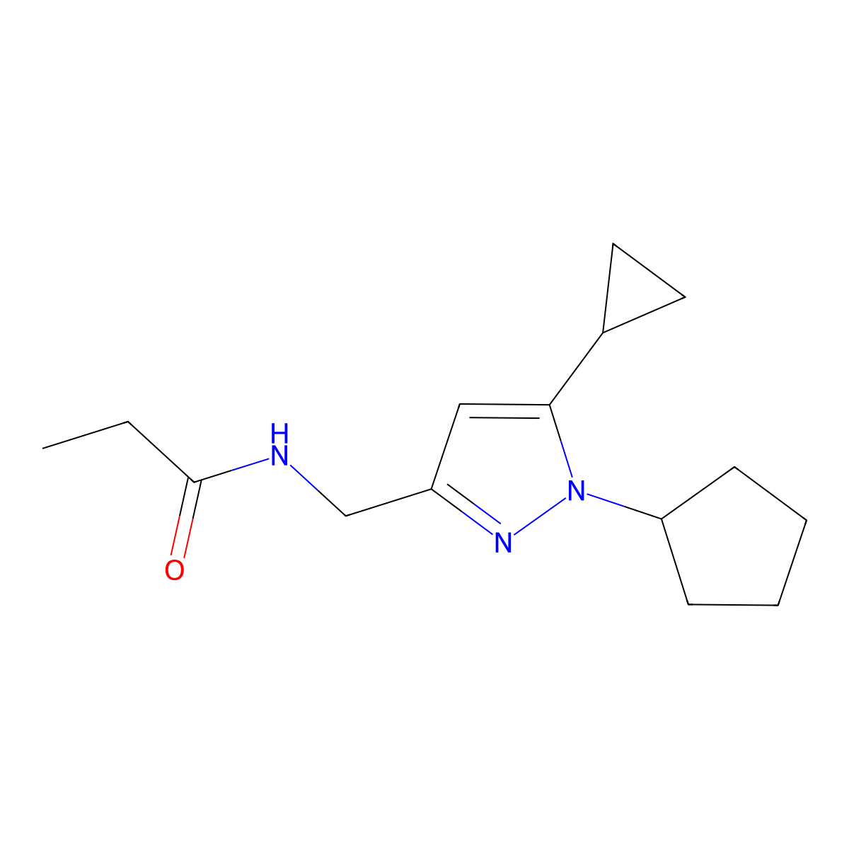 N-((1-cyclopentyl-5-cyclopropyl-1H-pyrazol-3-yl)methyl)propionamide molecular structure, CAS 1448122-95-9