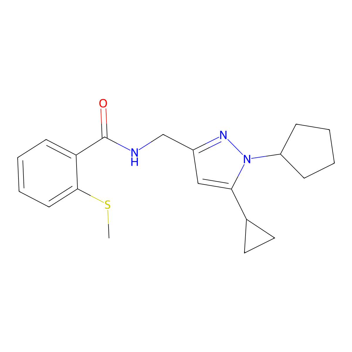 N-((1-cyclopentyl-5-cyclopropyl-1H-pyrazol-3-yl)methyl)-2-(methylthio)benzamide molecular structure, CAS 1448123-04-3