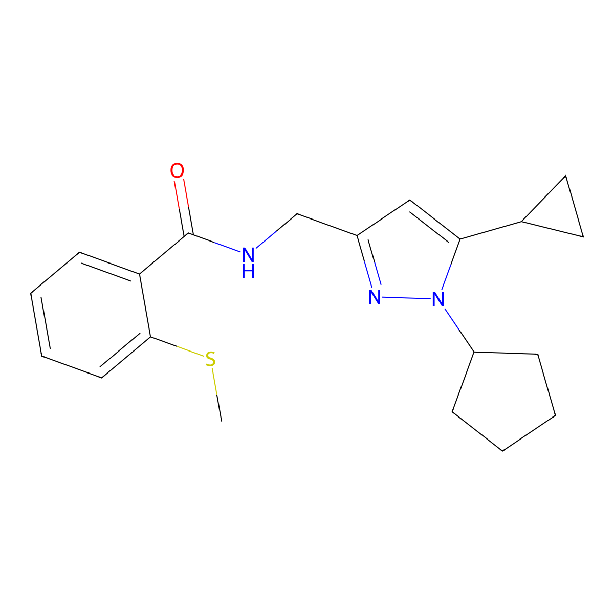 N-((1-cyclopentyl-5-cyclopropyl-1H-pyrazol-3-yl)methyl)-2-(methylthio)benzamide molecular structure, CAS 1448123-04-3