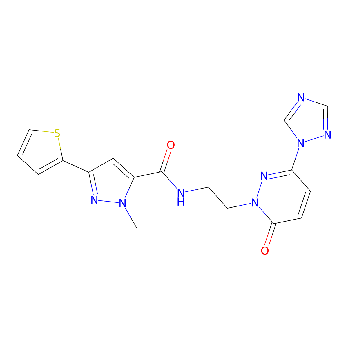 1-methyl-N-(2-(6-oxo-3-(1H-1,2,4-triazol-1-yl)pyridazin-1(6H)-yl)ethyl)-3-(thiophen-2-yl)-1H-pyrazole-5-carboxamide molecular structure, CAS 1448123-20-3