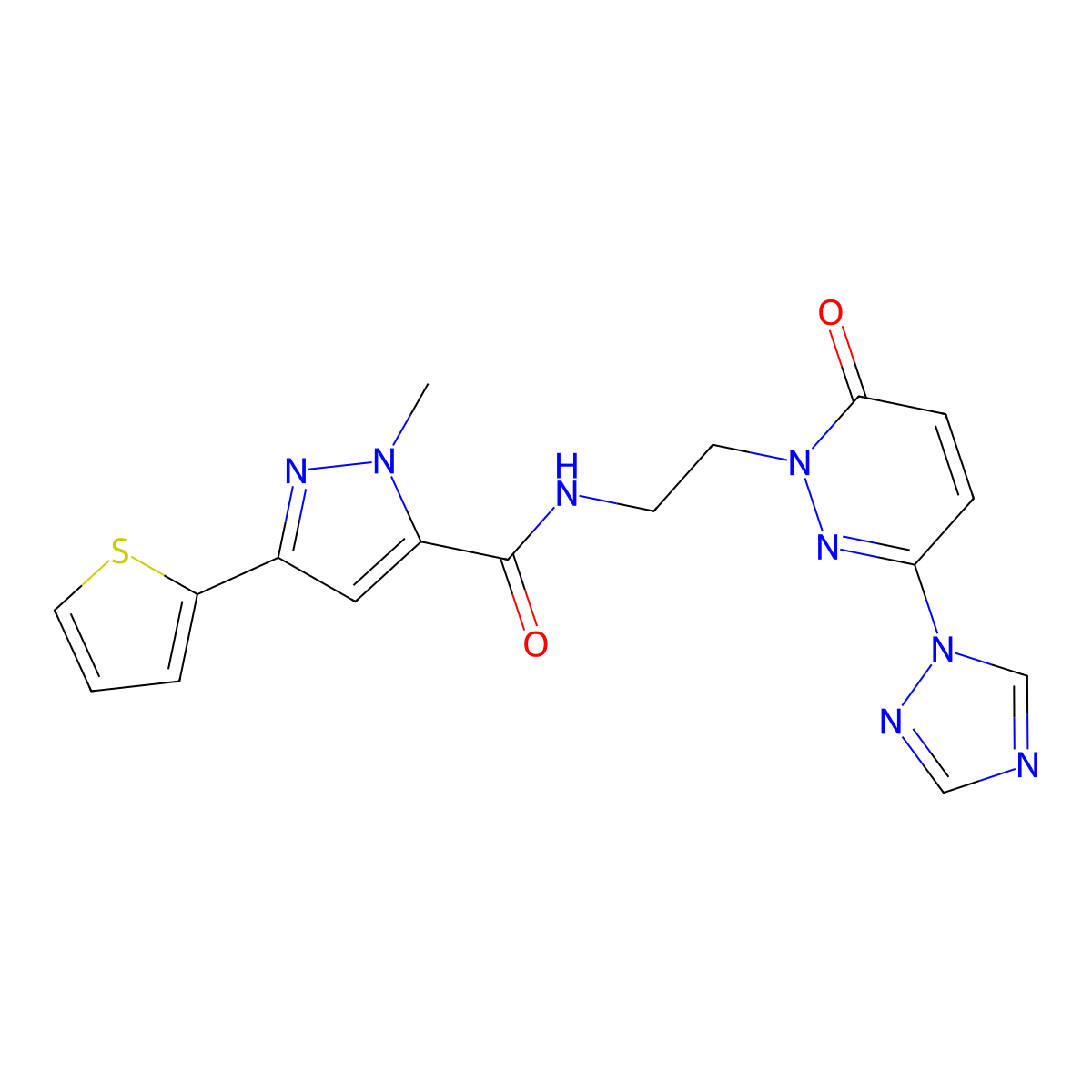 1-methyl-N-(2-(6-oxo-3-(1H-1,2,4-triazol-1-yl)pyridazin-1(6H)-yl)ethyl)-3-(thiophen-2-yl)-1H-pyrazole-5-carboxamide molecular structure, CAS 1448123-20-3
