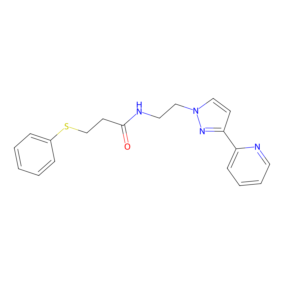 3-(phenylthio)-N-(2-(3-(pyridin-2-yl)-1H-pyrazol-1-yl)ethyl)propanamide molecular structure, CAS 1448123-21-4