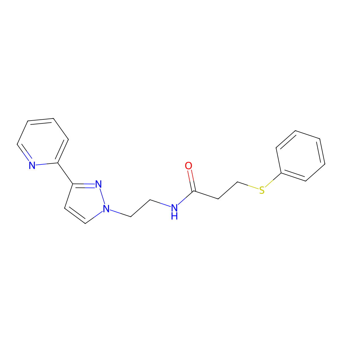 3-(phenylthio)-N-(2-(3-(pyridin-2-yl)-1H-pyrazol-1-yl)ethyl)propanamide molecular structure, CAS 1448123-21-4
