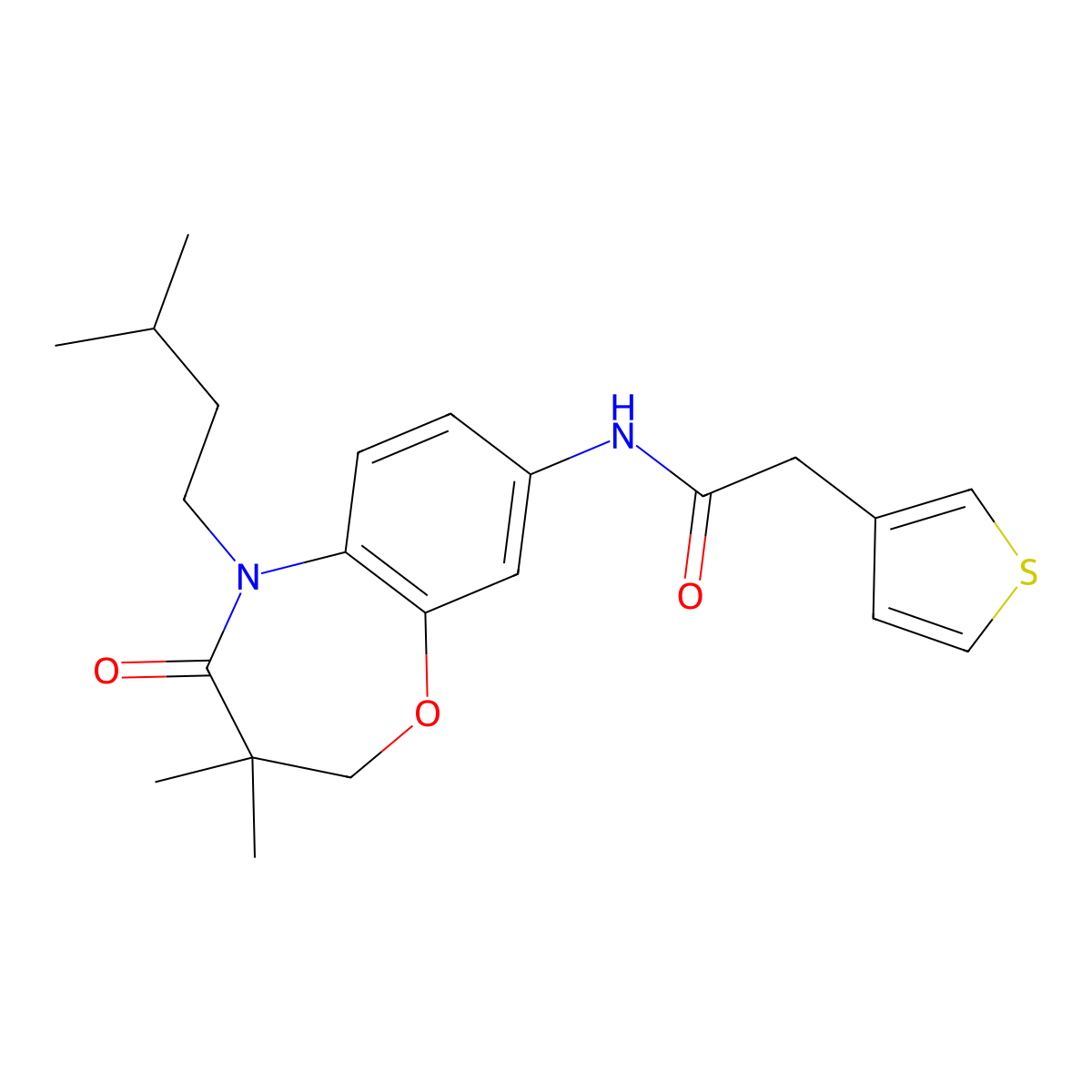 N-(5-isopentyl-3,3-dimethyl-4-oxo-2,3,4,5-tetrahydrobenzo[b][1,4]oxazepin-8-yl)-2-(thiophen-3-yl)acetamide molecular structure, CAS 1448123-23-6