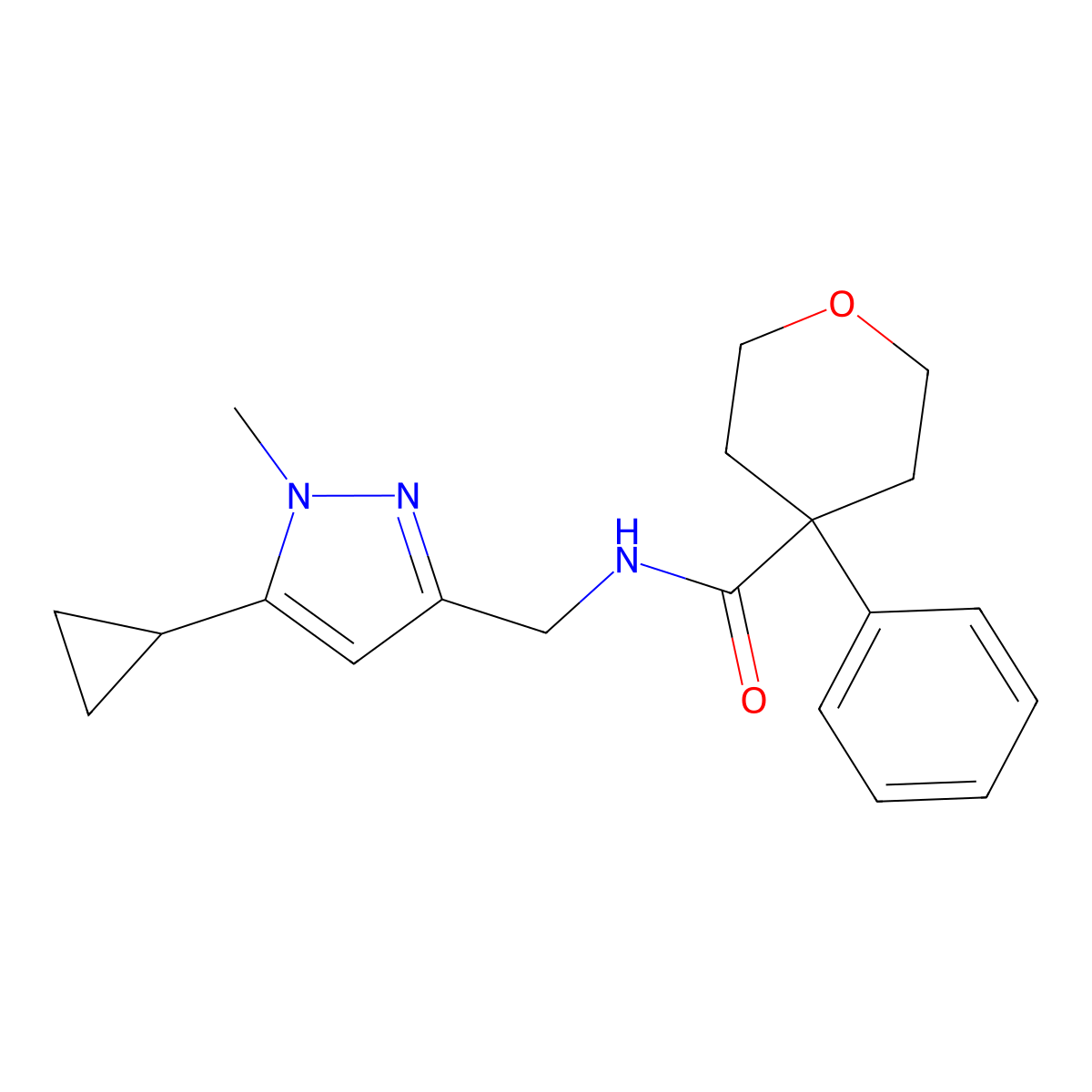 N-[(5-cyclopropyl-1-methyl-1H-pyrazol-3-yl)methyl]-4-phenyloxane-4-carboxamide molecular structure, CAS 1448123-27-0