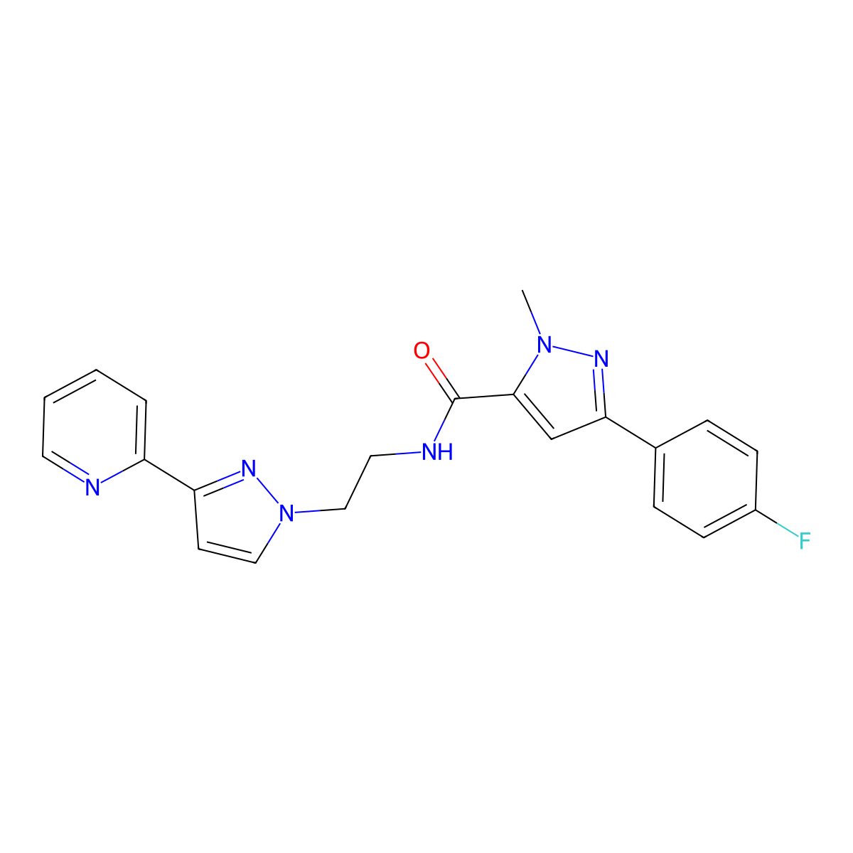 3-(4-fluorophenyl)-1-methyl-N-{2-[3-(pyridin-2-yl)-1H-pyrazol-1-yl]ethyl}-1H-pyrazole-5-carboxamide molecular structure, CAS 1448123-28-1