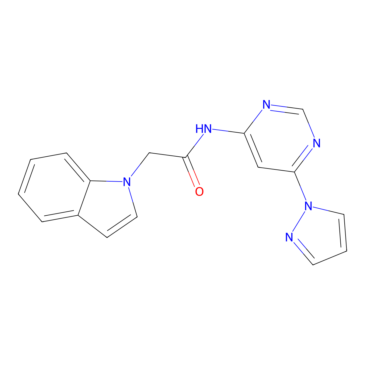 N-(6-(1H-pyrazol-1-yl)pyrimidin-4-yl)-2-(1H-indol-1-yl)acetamide molecular structure, CAS 1448123-30-5
