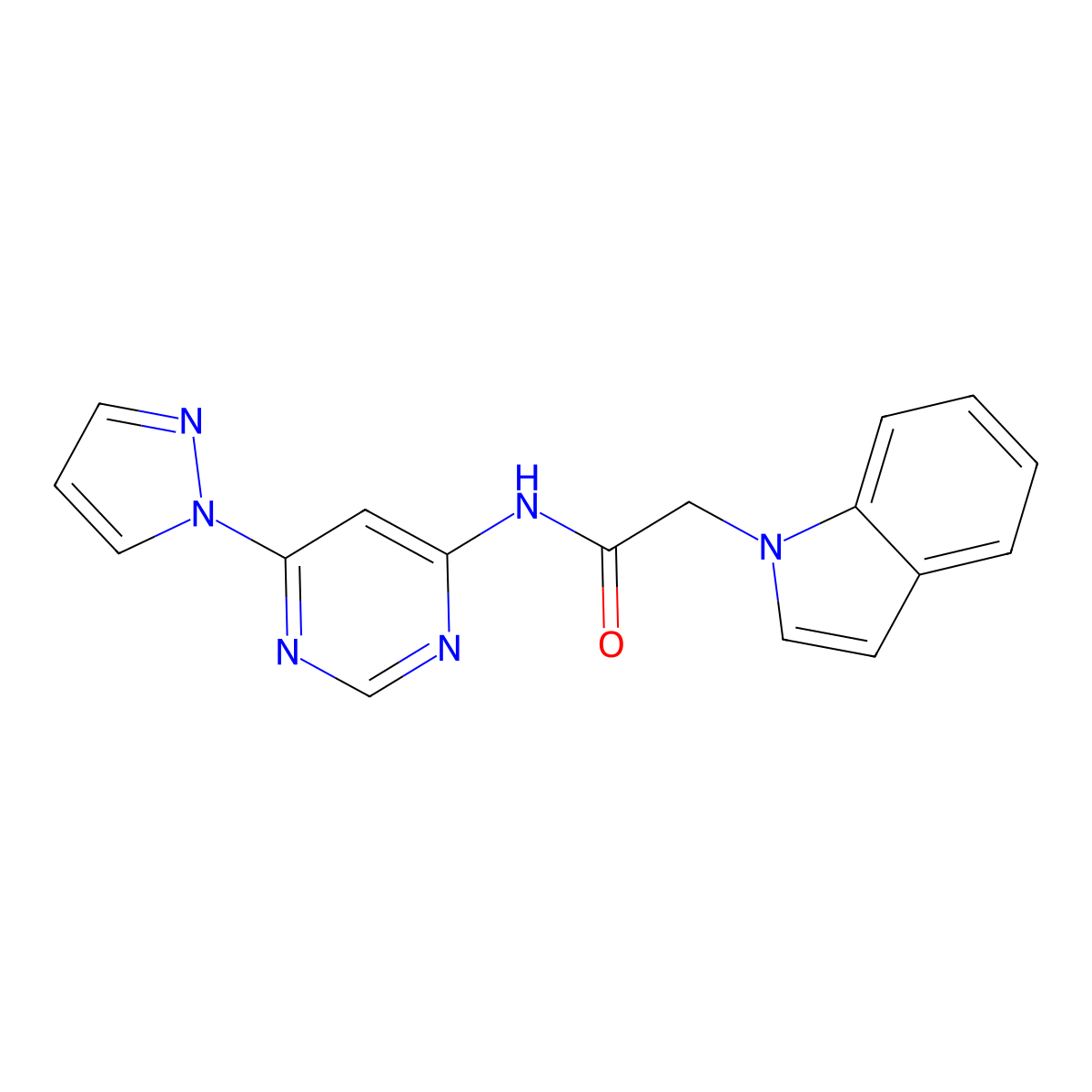 N-(6-(1H-pyrazol-1-yl)pyrimidin-4-yl)-2-(1H-indol-1-yl)acetamide molecular structure, CAS 1448123-30-5