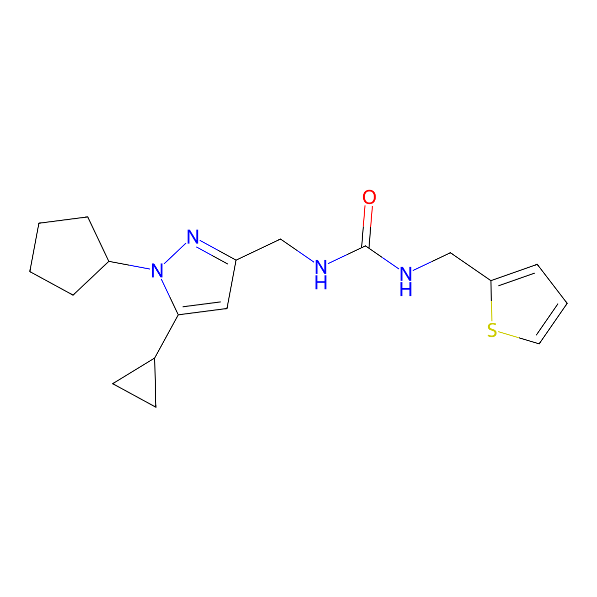 1-((1-cyclopentyl-5-cyclopropyl-1H-pyrazol-3-yl)methyl)-3-(thiophen-2-ylmethyl)urea molecular structure, CAS 1448123-40-7