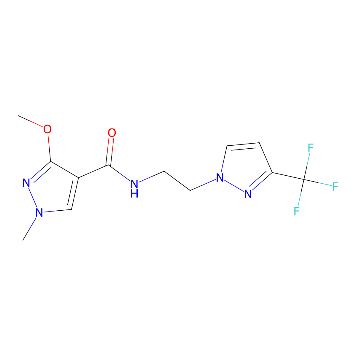 3-methoxy-1-methyl-N-{2-[3-(trifluoromethyl)-1H-pyrazol-1-yl]ethyl}-1H-pyrazole-4-carboxamide molecular structure, CAS 1448123-43-0