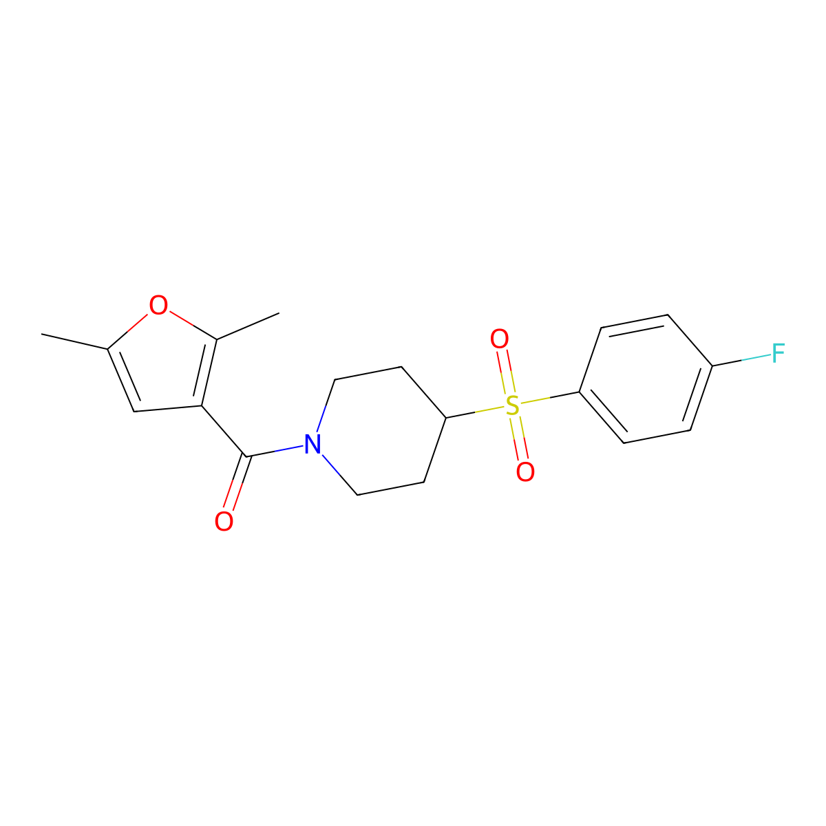 (2,5-Dimethylfuran-3-yl)(4-((4-fluorophenyl)sulfonyl)piperidin-1-yl)methanone molecular structure, CAS 1448123-52-1