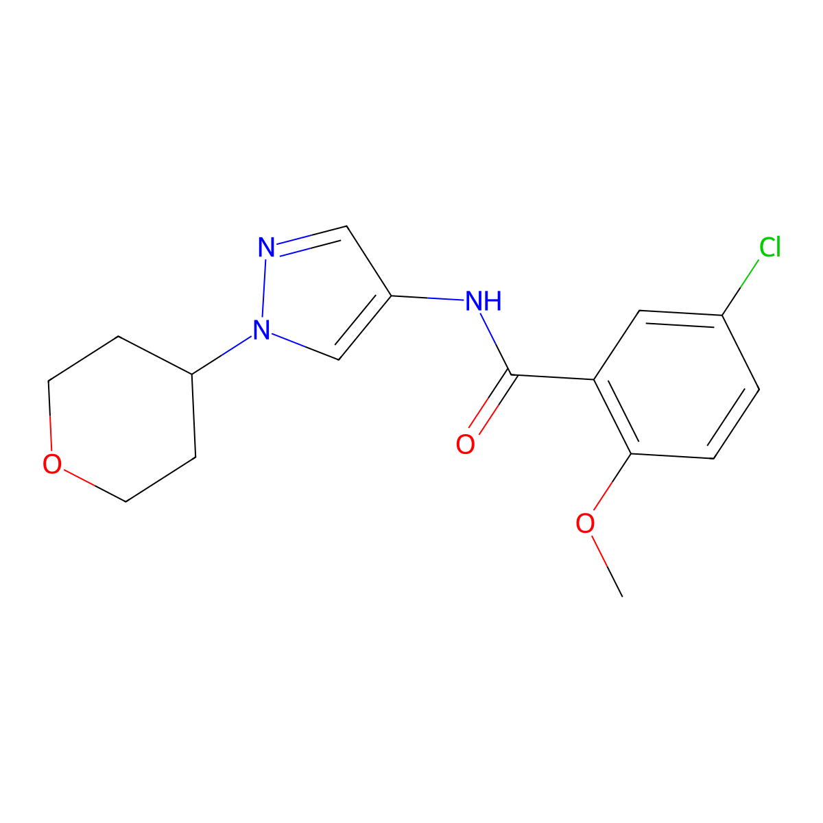 5-chloro-2-methoxy-N-[1-(oxan-4-yl)-1H-pyrazol-4-yl]benzamide molecular structure, CAS 1448123-56-5