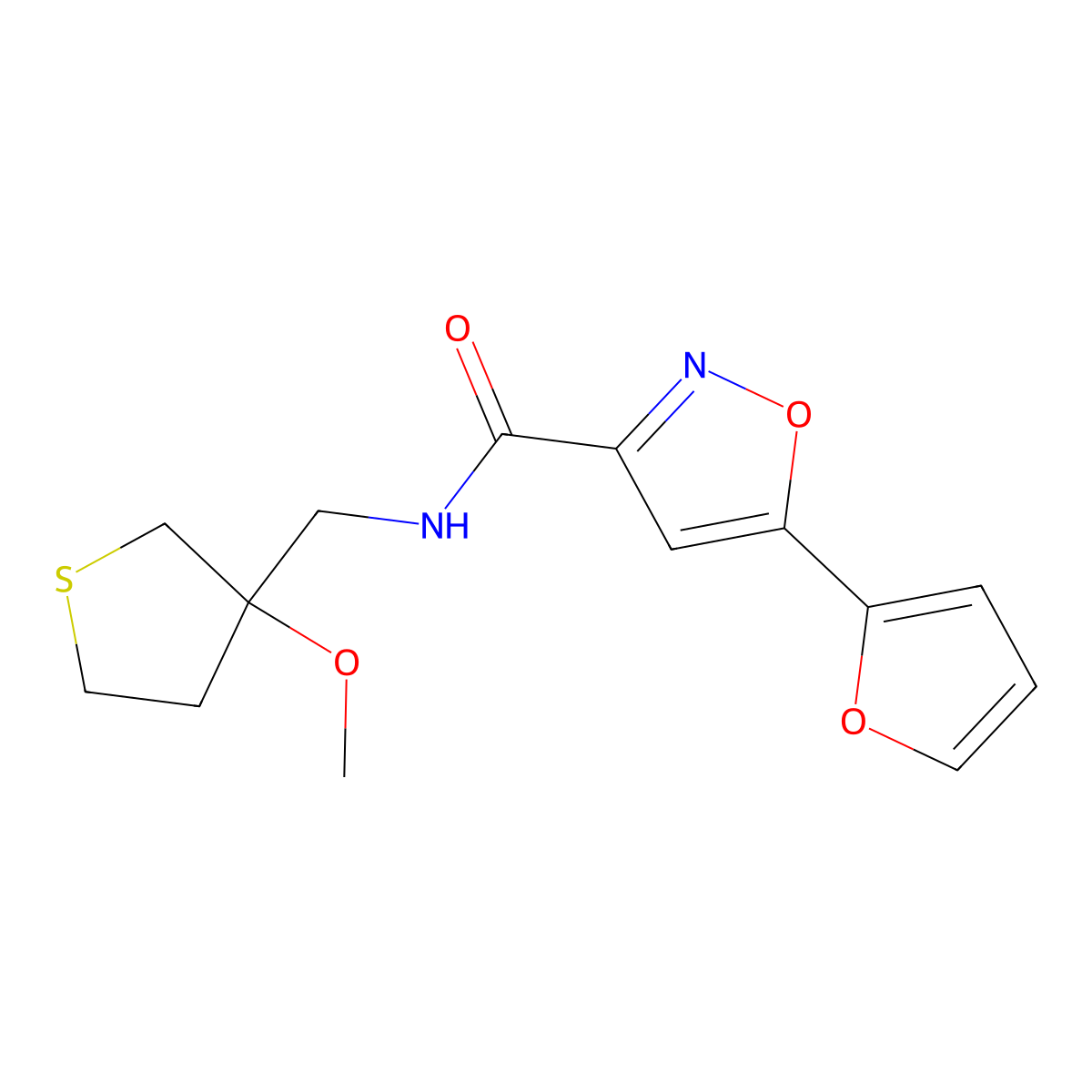 5-(furan-2-yl)-N-((3-methoxytetrahydrothiophen-3-yl)methyl)isoxazole-3-carboxamide molecular structure, CAS 1448123-73-6