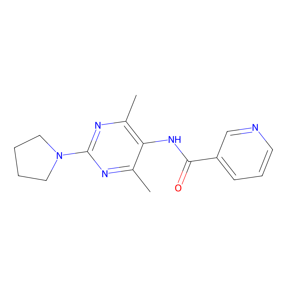 N-(4,6-dimethyl-2-(pyrrolidin-1-yl)pyrimidin-5-yl)nicotinamide molecular structure, CAS 1448123-77-0