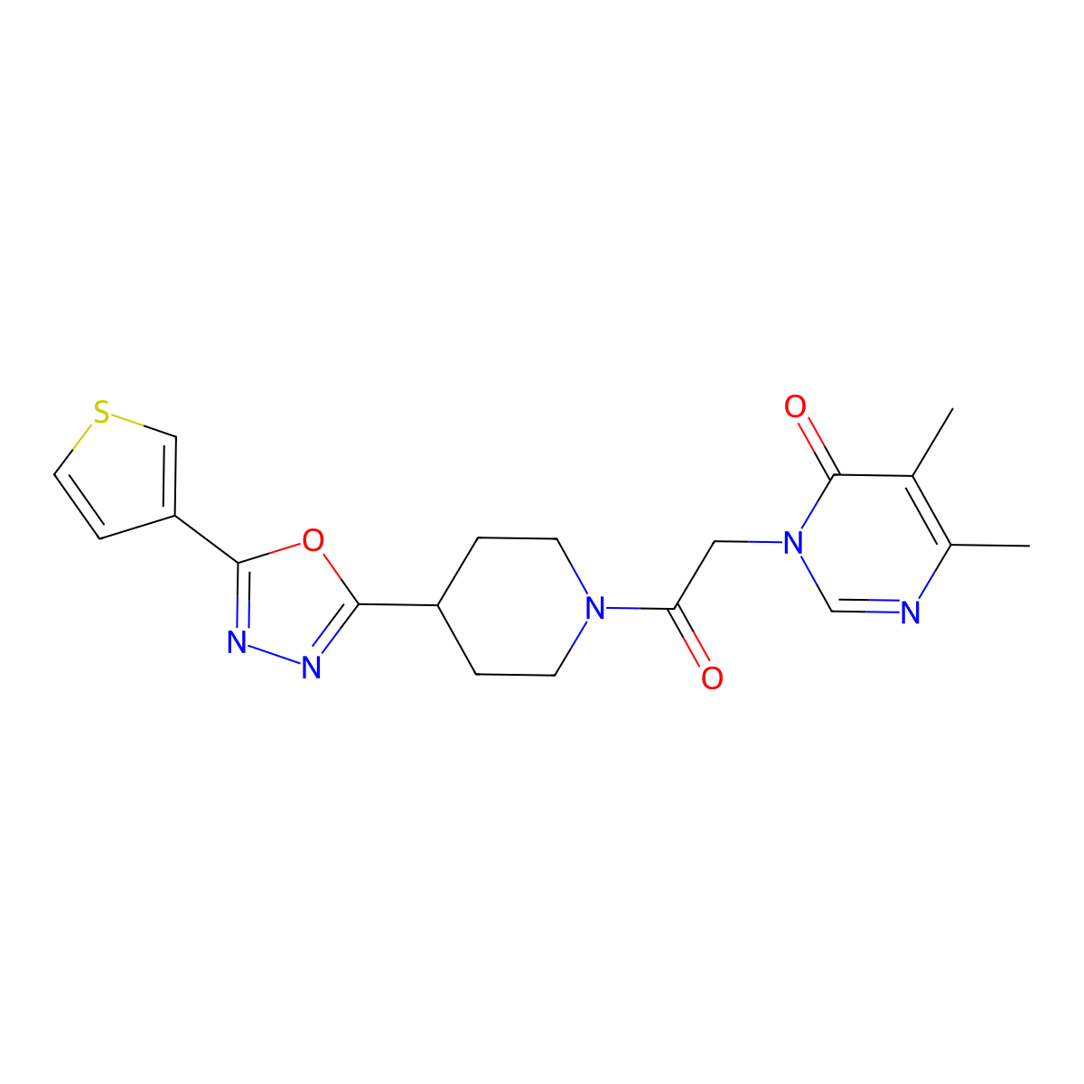 5,6-dimethyl-3-(2-oxo-2-(4-(5-(thiophen-3-yl)-1,3,4-oxadiazol-2-yl)piperidin-1-yl)ethyl)pyrimidin-4(3H)-one molecular structure, CAS 1448123-83-8