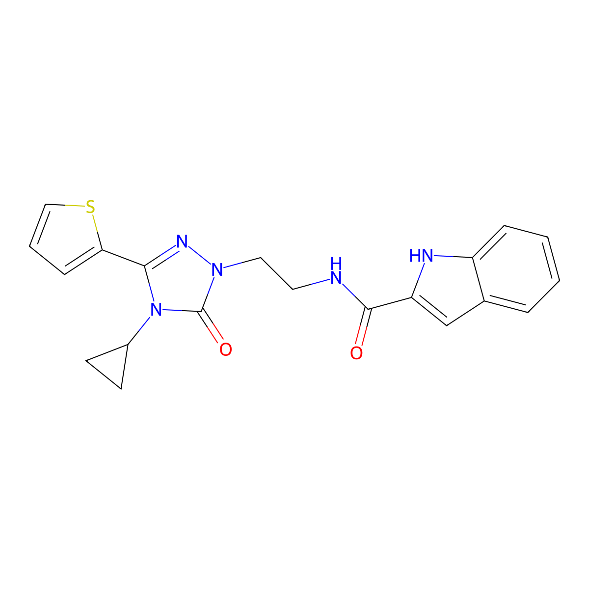 N-{2-[4-cyclopropyl-5-oxo-3-(thiophen-2-yl)-4,5-dihydro-1H-1,2,4-triazol-1-yl]ethyl}-1H-indole-2-carboxamide molecular structure, CAS 1448123-86-1