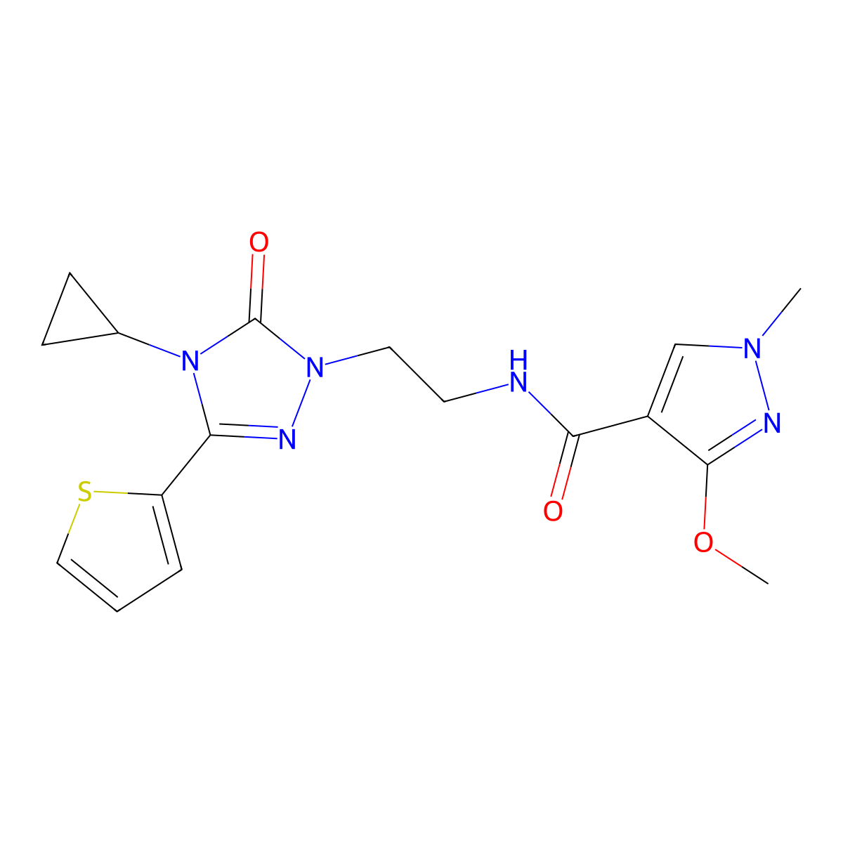 N-{2-[4-cyclopropyl-5-oxo-3-(thiophen-2-yl)-4,5-dihydro-1H-1,2,4-triazol-1-yl]ethyl}-3-methoxy-1-methyl-1H-pyrazole-4-carboxamide molecular structure, CAS 1448123-90-7