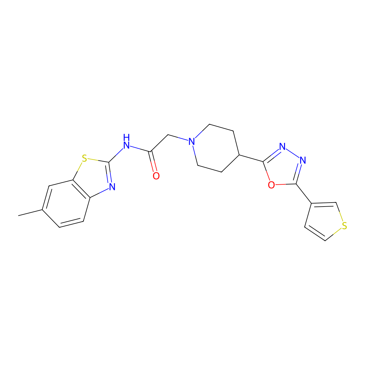 N-(6-methylbenzo[d]thiazol-2-yl)-2-(4-(5-(thiophen-3-yl)-1,3,4-oxadiazol-2-yl)piperidin-1-yl)acetamide molecular structure, CAS 1448123-93-0