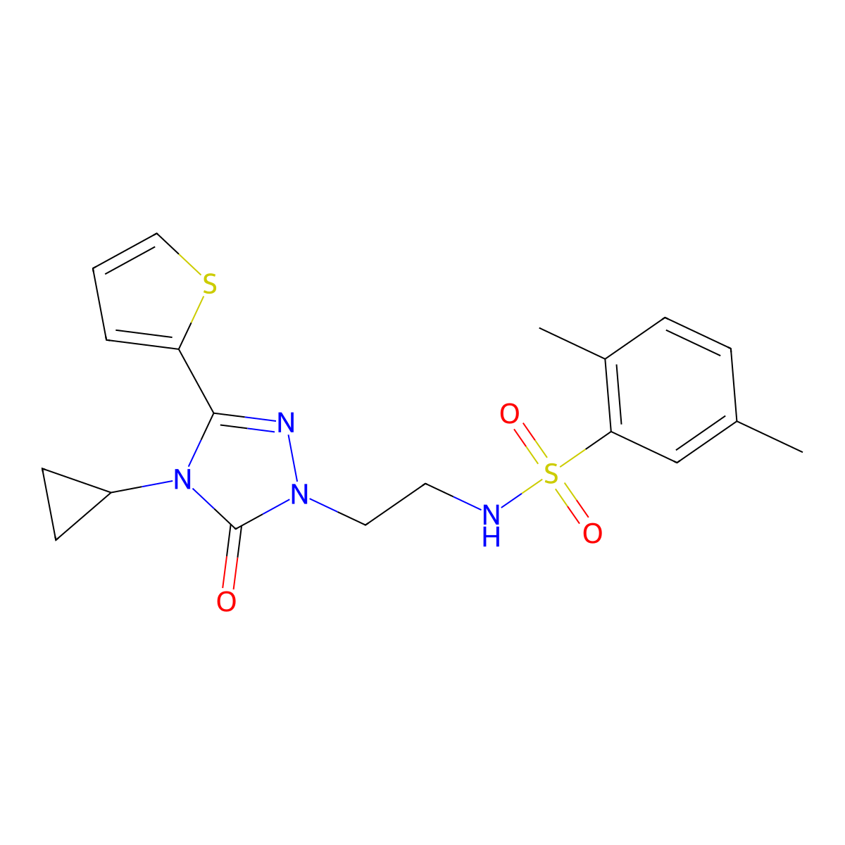 N-(2-(4-cyclopropyl-5-oxo-3-(thiophen-2-yl)-4,5-dihydro-1H-1,2,4-triazol-1-yl)ethyl)-2,5-dimethylbenzenesulfonamide molecular structure, CAS 1448123-97-4