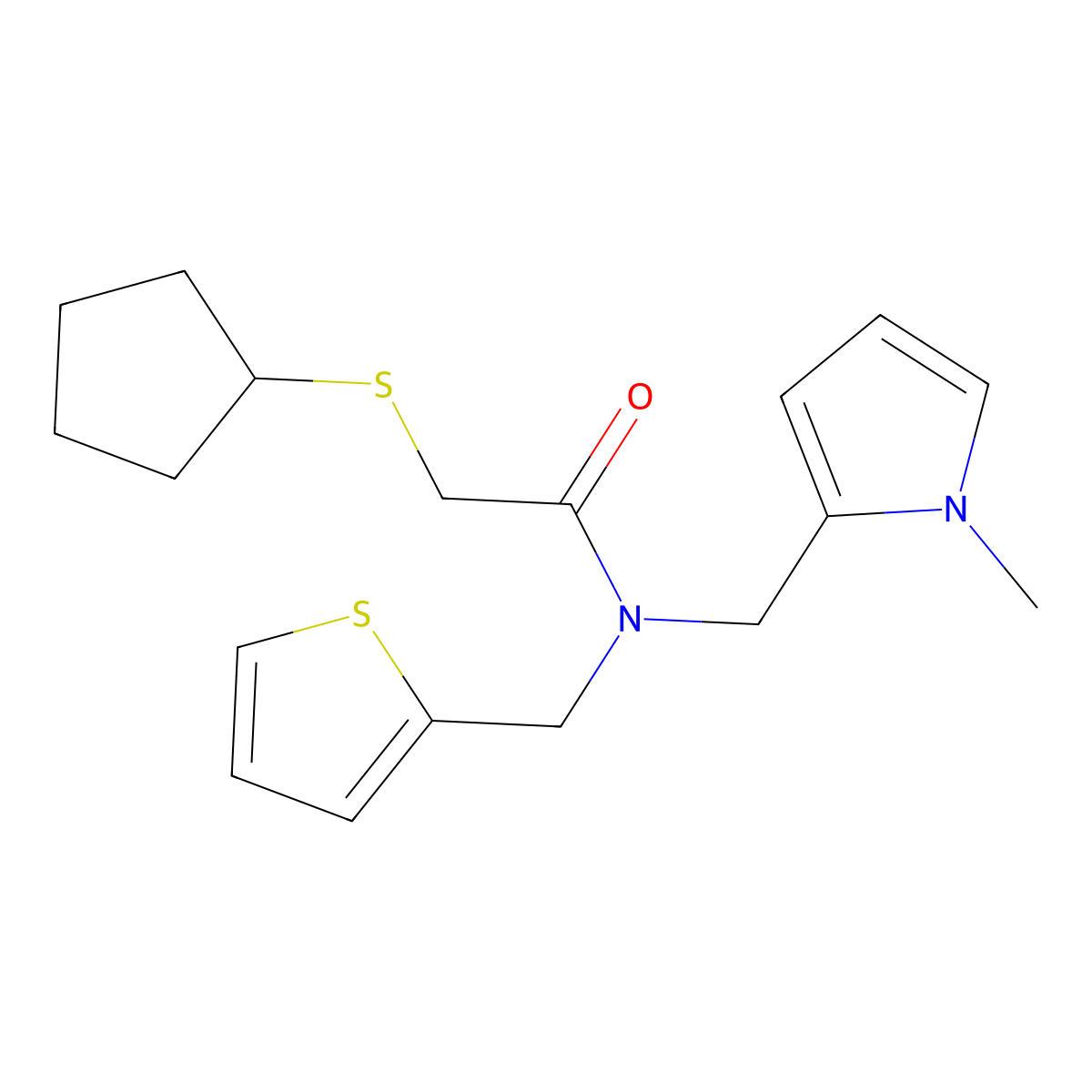 2-(cyclopentylthio)-N-((1-methyl-1H-pyrrol-2-yl)methyl)-N-(thiophen-2-ylmethyl)acetamide molecular structure, CAS 1448124-01-3