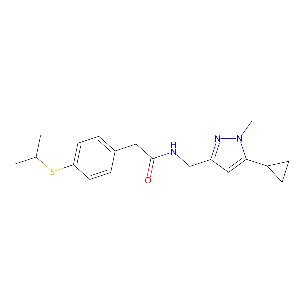 N-((5-cyclopropyl-1-methyl-1H-pyrazol-3-yl)methyl)-2-(4-(isopropylthio)phenyl)acetamide molecular structure, CAS 1448124-07-9