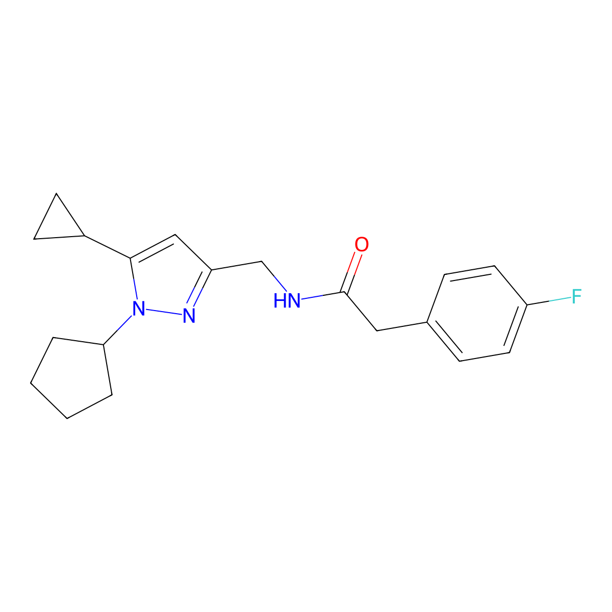 N-[(1-cyclopentyl-5-cyclopropyl-1H-pyrazol-3-yl)methyl]-2-(4-fluorophenyl)acetamide molecular structure, CAS 1448124-17-1