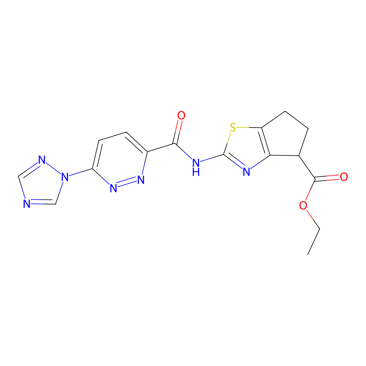 ethyl 2-(6-(1H-1,2,4-triazol-1-yl)pyridazine-3-carboxamido)-5,6-dihydro-4H-cyclopenta[d]thiazole-4-carboxylate molecular structure, CAS 1448124-45-5