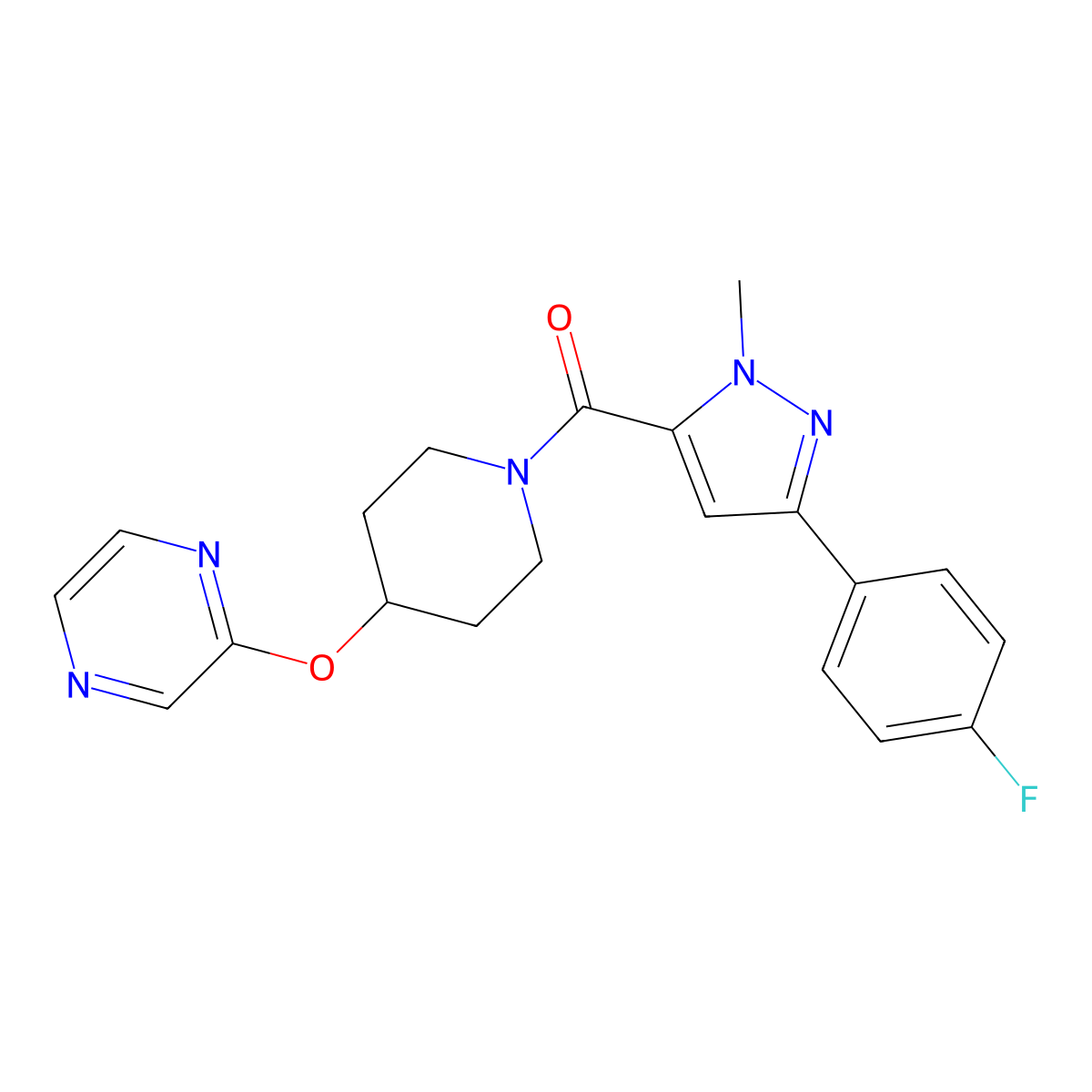 (3-(4-fluorophenyl)-1-methyl-1H-pyrazol-5-yl)(4-(pyrazin-2-yloxy)piperidin-1-yl)methanone molecular structure, CAS 1448124-67-1