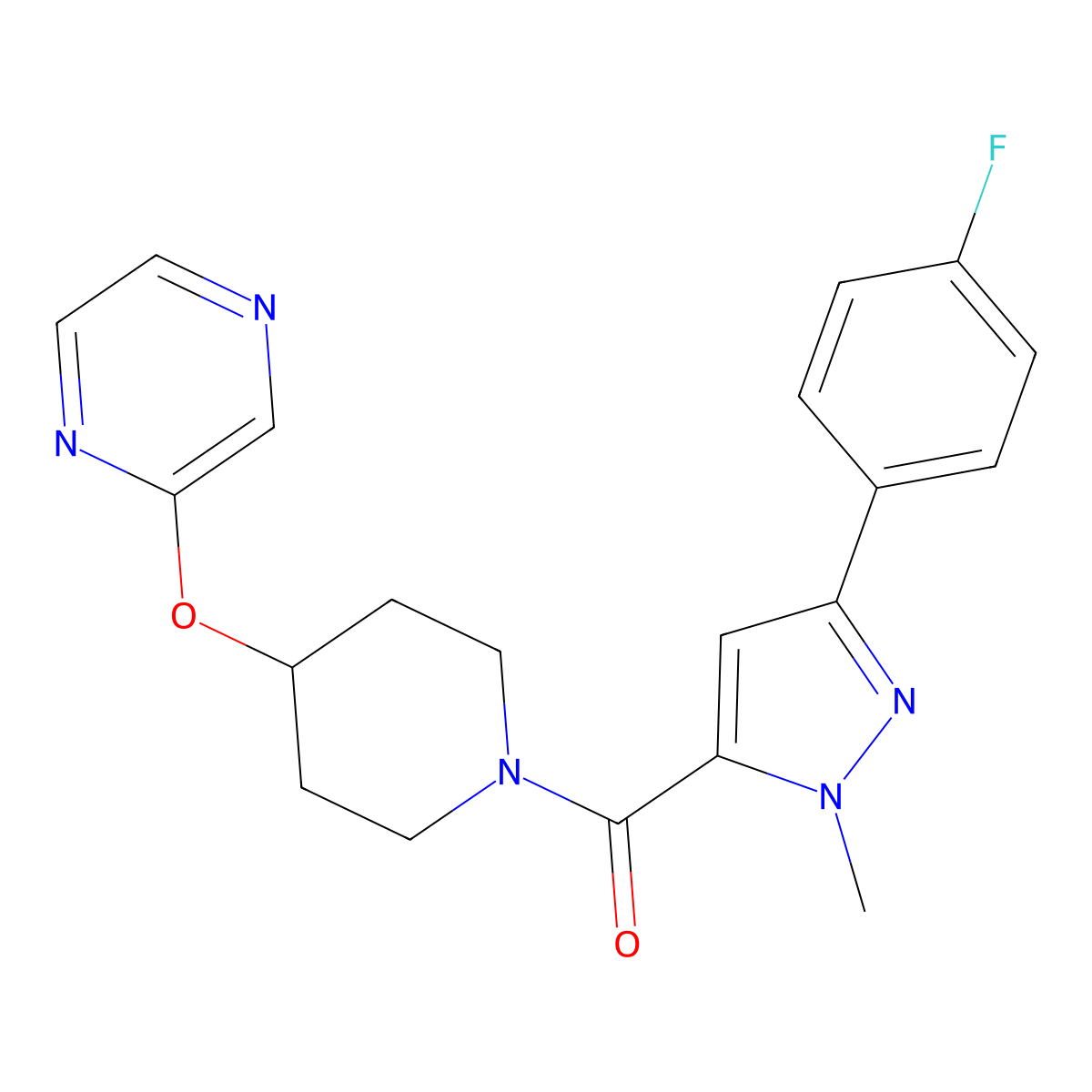 (3-(4-fluorophenyl)-1-methyl-1H-pyrazol-5-yl)(4-(pyrazin-2-yloxy)piperidin-1-yl)methanone molecular structure, CAS 1448124-67-1