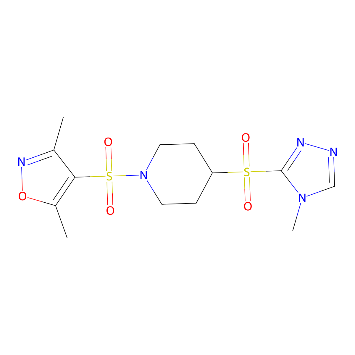 3,5-dimethyl-4-((4-((4-methyl-4H-1,2,4-triazol-3-yl)sulfonyl)piperidin-1-yl)sulfonyl)isoxazole molecular structure, CAS 1448124-75-1