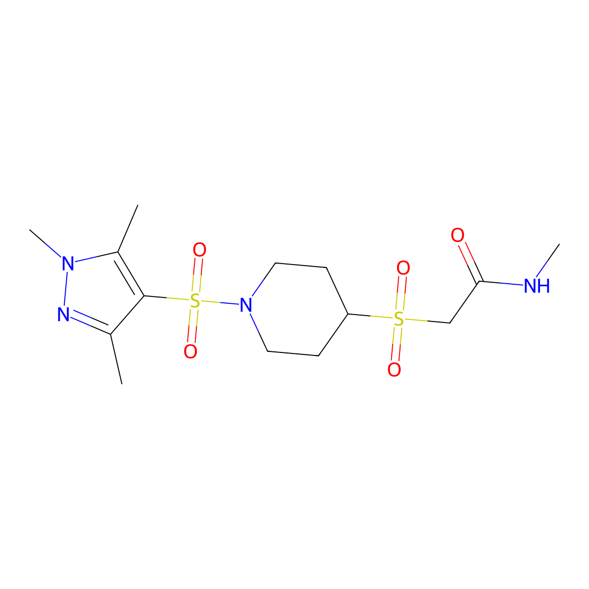 N-methyl-2-({1-[(1,3,5-trimethyl-1H-pyrazol-4-yl)sulfonyl]piperidin-4-yl}sulfonyl)acetamide molecular structure, CAS 1448124-79-5