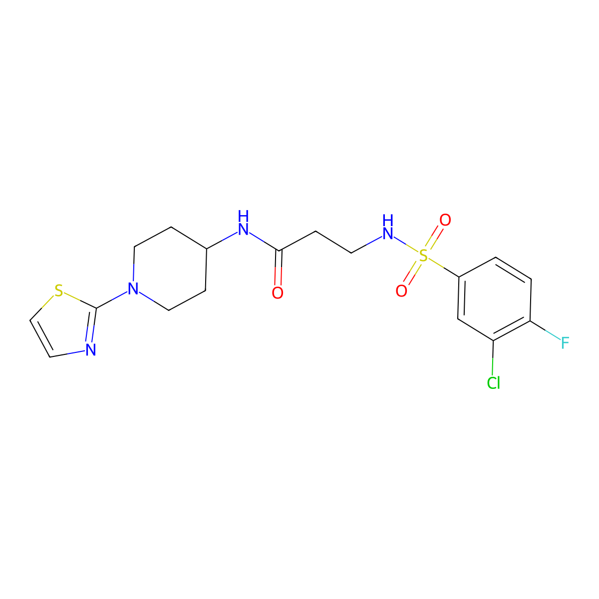 3-(3-chloro-4-fluorophenylsulfonamido)-N-(1-(thiazol-2-yl)piperidin-4-yl)propanamide molecular structure, CAS 1448125-05-0
