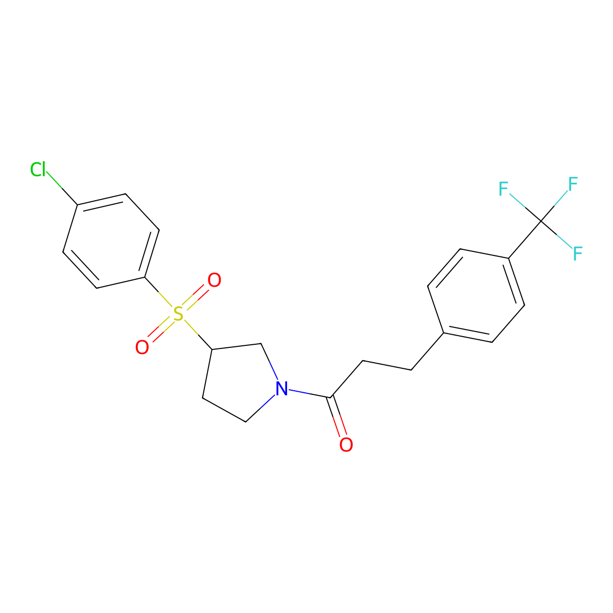 1-(3-((4-Chlorophenyl)sulfonyl)pyrrolidin-1-yl)-3-(4-(trifluoromethyl)phenyl)propan-1-one molecular structure, CAS 1448125-09-4