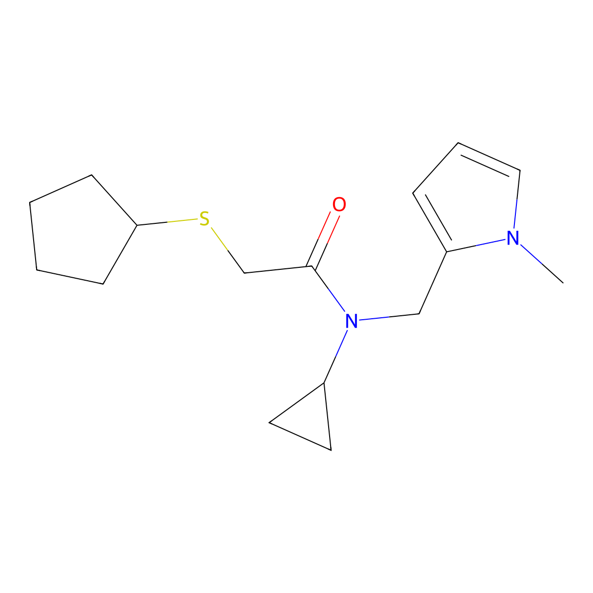 2-(cyclopentylthio)-N-cyclopropyl-N-((1-methyl-1H-pyrrol-2-yl)methyl)acetamide molecular structure, CAS 1448125-11-8