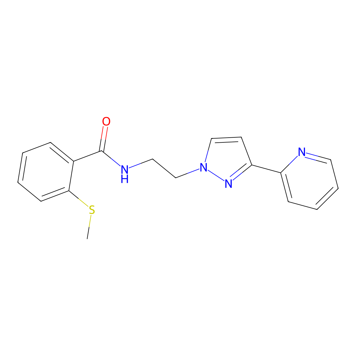 2-(methylthio)-N-(2-(3-(pyridin-2-yl)-1H-pyrazol-1-yl)ethyl)benzamide molecular structure, CAS 1448125-13-0