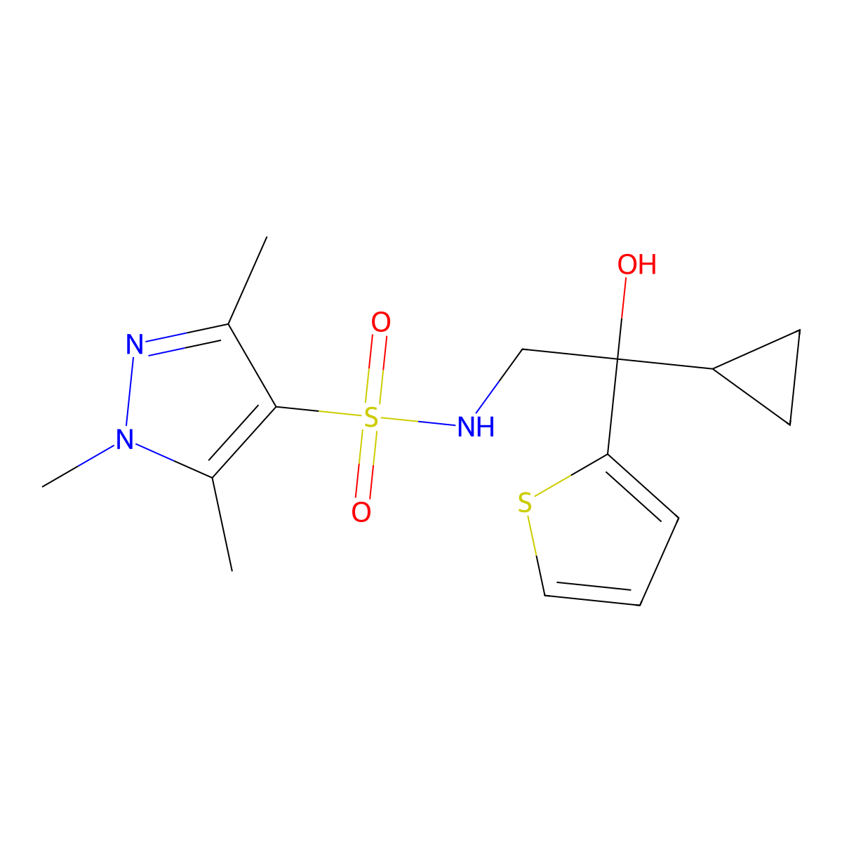 N-(2-cyclopropyl-2-hydroxy-2-(thiophen-2-yl)ethyl)-1,3,5-trimethyl-1H-pyrazole-4-sulfonamide molecular structure, CAS 1448125-14-1