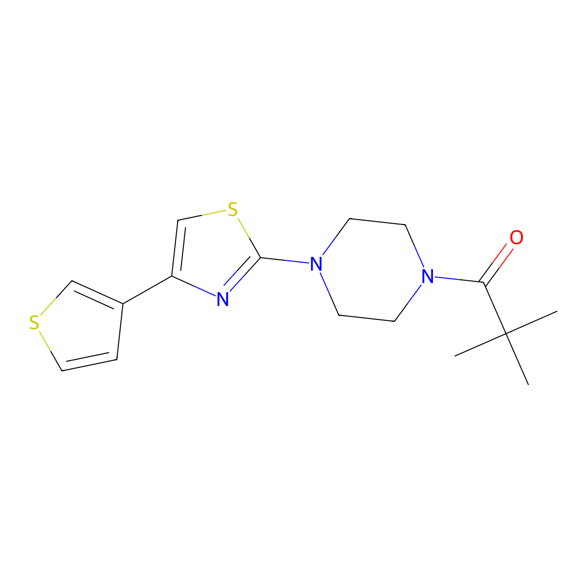 2,2-Dimethyl-1-(4-(4-(thiophen-3-yl)thiazol-2-yl)piperazin-1-yl)propan-1-one molecular structure, CAS 1448125-15-2
