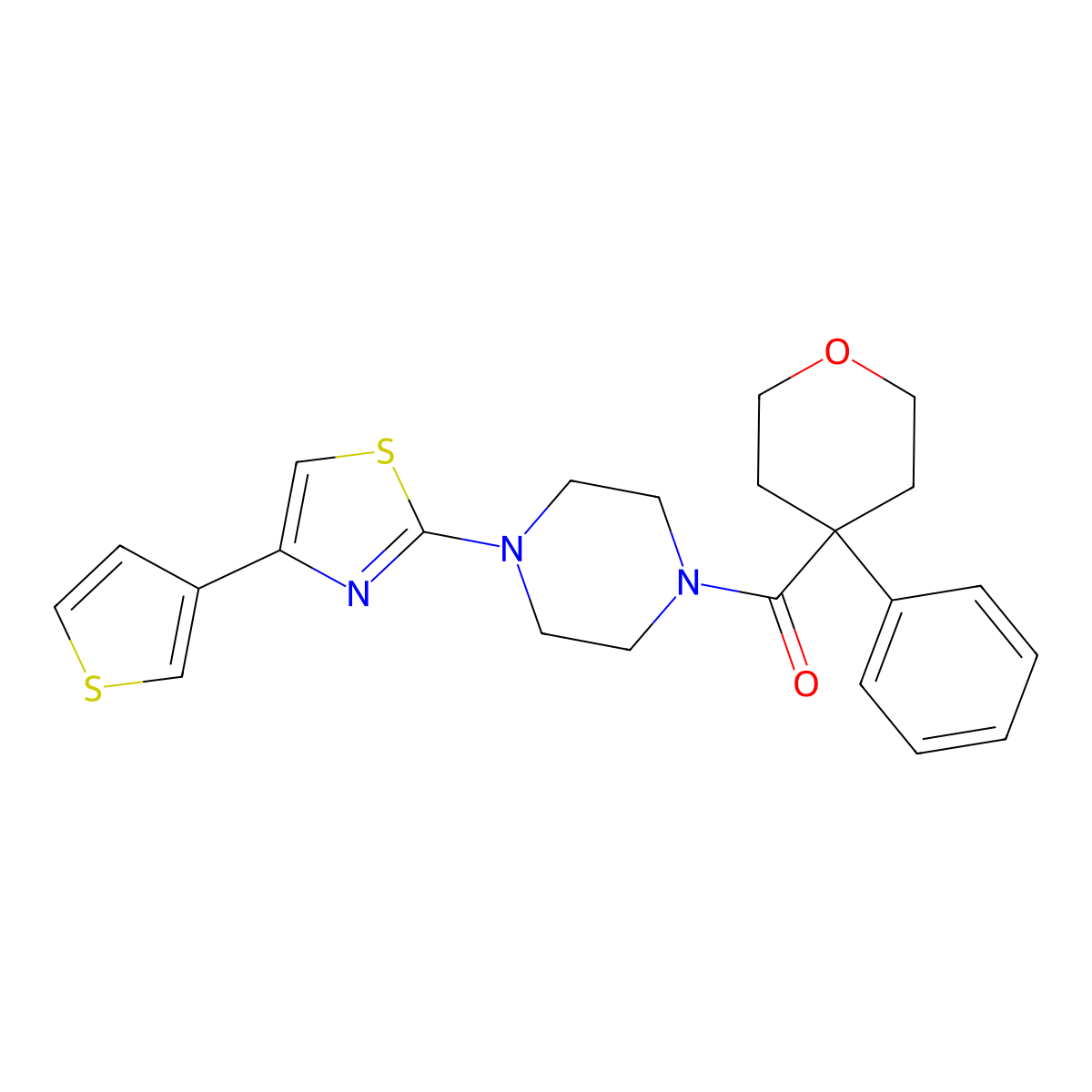 (4-phenyltetrahydro-2H-pyran-4-yl)(4-(4-(thiophen-3-yl)thiazol-2-yl)piperazin-1-yl)methanone molecular structure, CAS 1448125-17-4