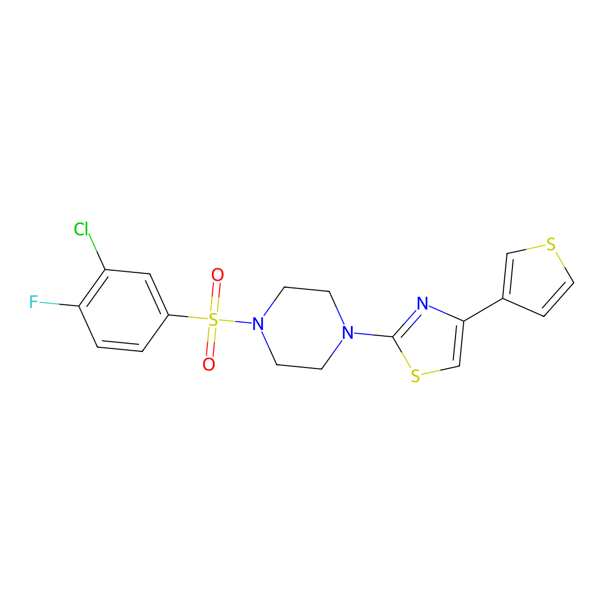 2-(4-((3-Chloro-4-fluorophenyl)sulfonyl)piperazin-1-yl)-4-(thiophen-3-yl)thiazole molecular structure, CAS 1448125-21-0