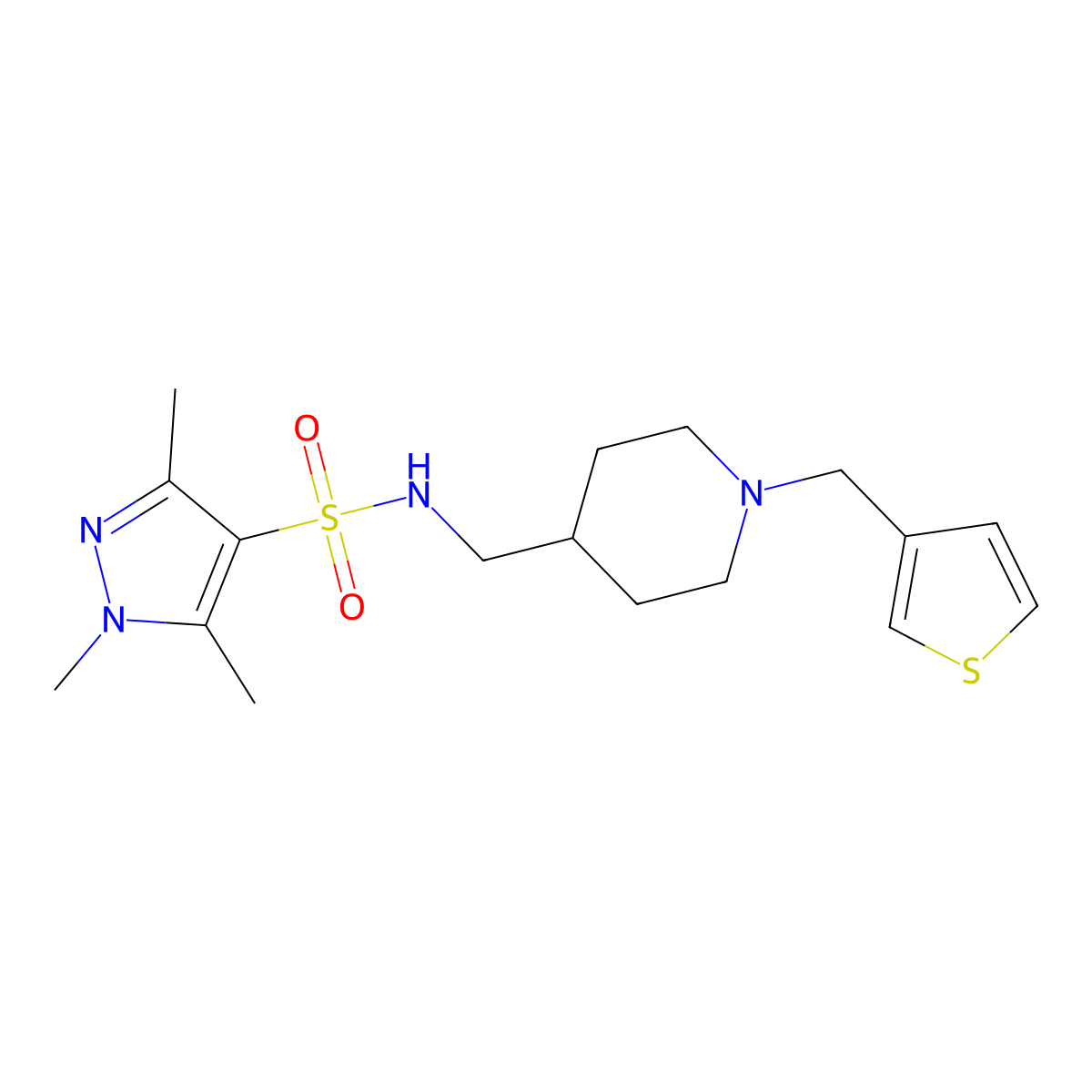 1,3,5-trimethyl-N-((1-(thiophen-3-ylmethyl)piperidin-4-yl)methyl)-1H-pyrazole-4-sulfonamide molecular structure, CAS 1448125-22-1