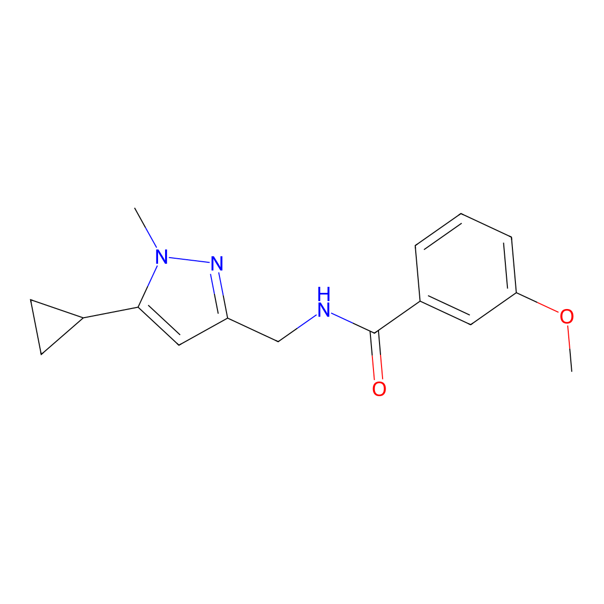 N-((5-cyclopropyl-1-methyl-1H-pyrazol-3-yl)methyl)-3-methoxybenzamide molecular structure, CAS 1448125-49-2