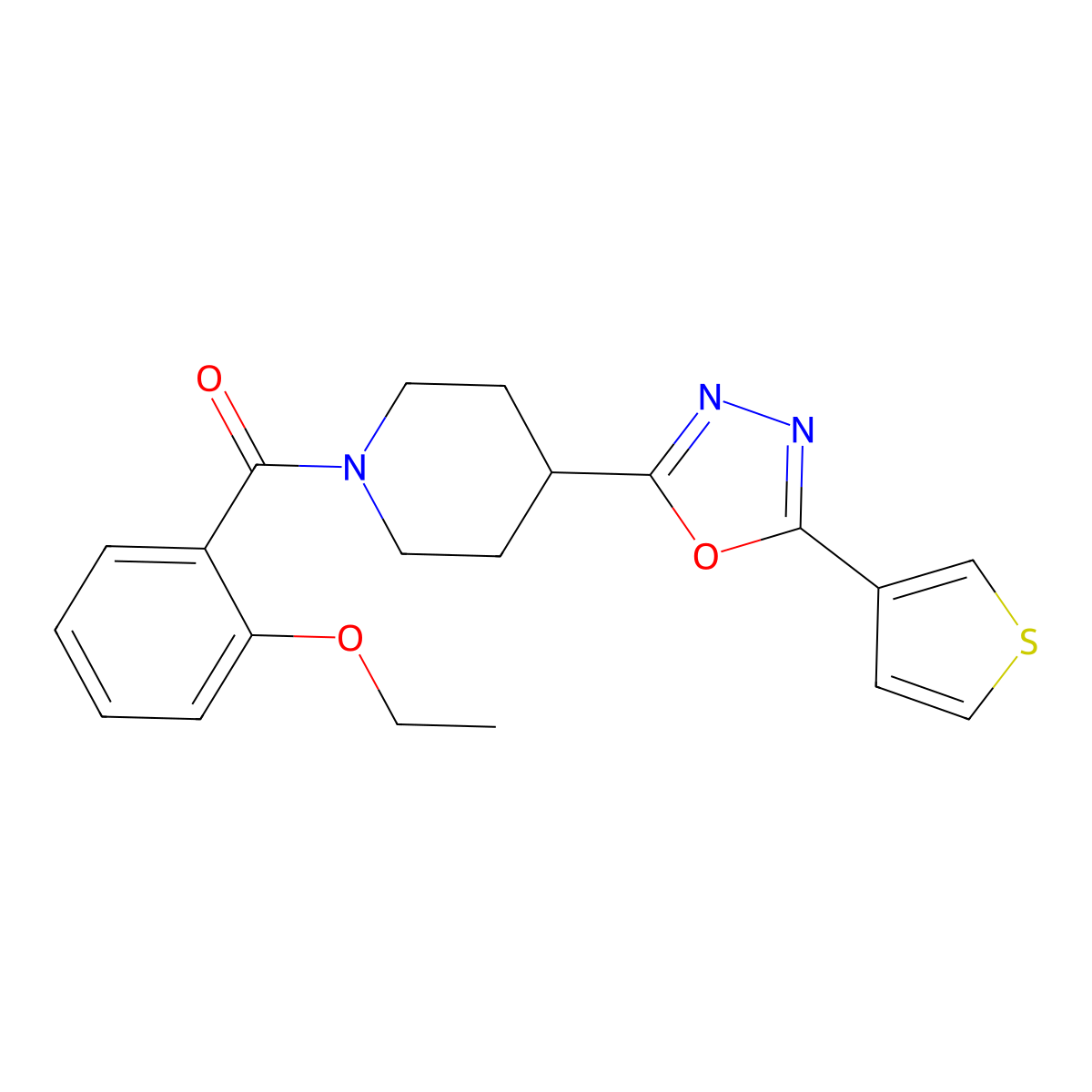 (2-Ethoxyphenyl)(4-(5-(thiophen-3-yl)-1,3,4-oxadiazol-2-yl)piperidin-1-yl)methanone molecular structure, CAS 1448125-53-8