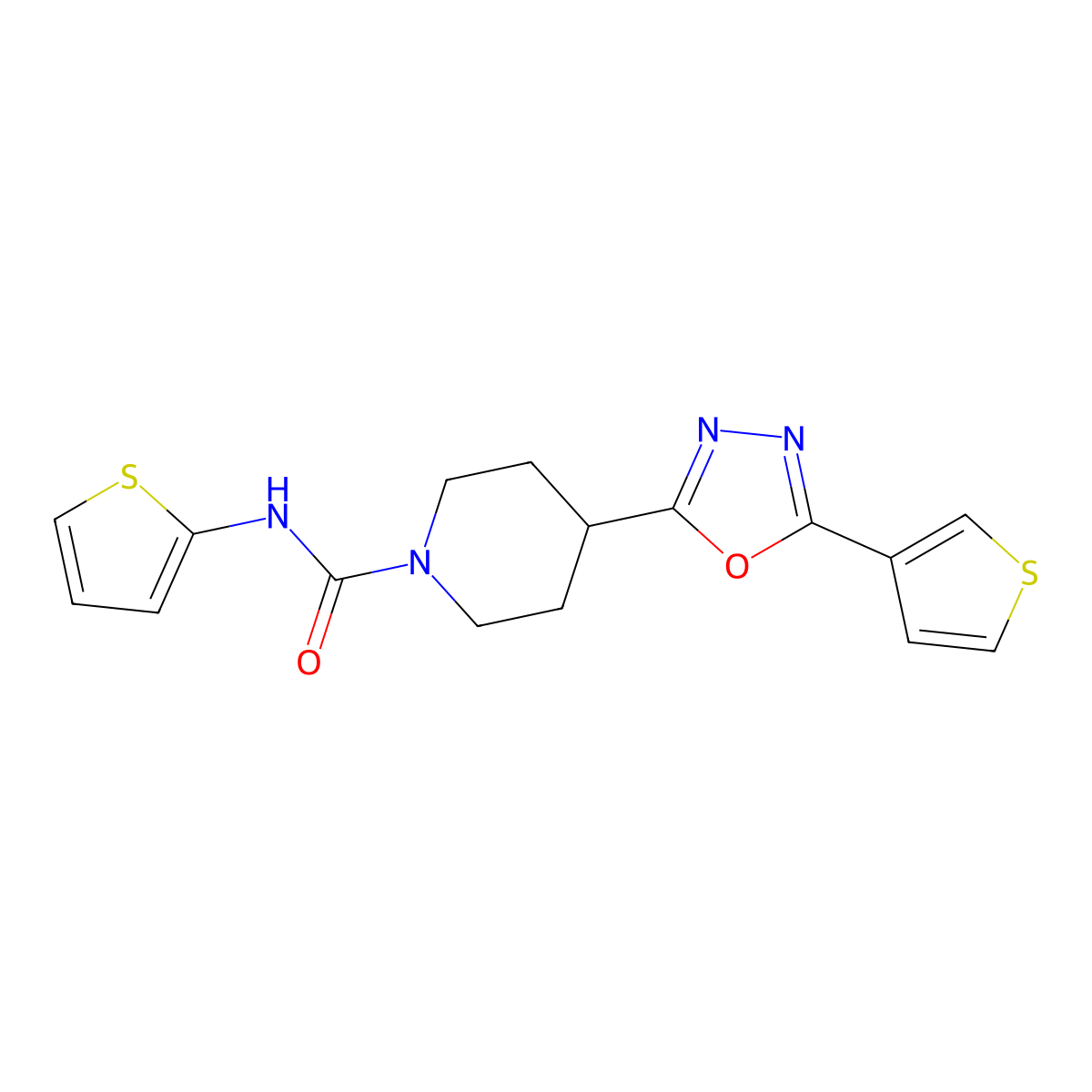 N-(Thiophen-2-YL)-4-[5-(thiophen-3-YL)-1,3,4-oxadiazol-2-YL]piperidine-1-carboxamide molecular structure, CAS 1448125-55-0
