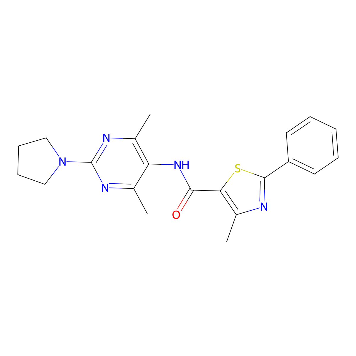 N-(4,6-dimethyl-2-(pyrrolidin-1-yl)pyrimidin-5-yl)-4-methyl-2-phenylthiazole-5-carboxamide molecular structure, CAS 1448125-60-7