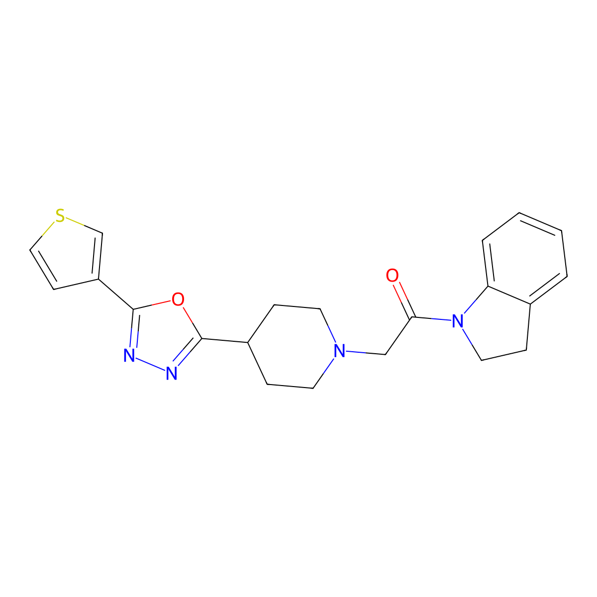 1-(Indolin-1-yl)-2-(4-(5-(thiophen-3-yl)-1,3,4-oxadiazol-2-yl)piperidin-1-yl)ethanone molecular structure, CAS 1448125-61-8