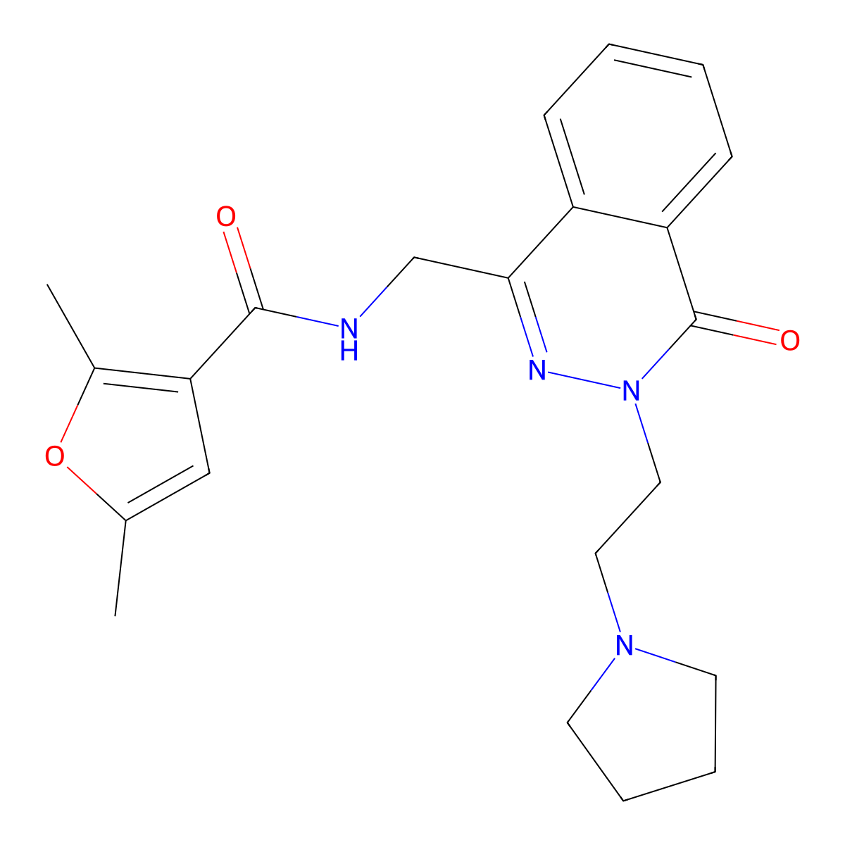 2,5-dimethyl-N-({4-oxo-3-[2-(pyrrolidin-1-yl)ethyl]-3,4-dihydrophthalazin-1-yl}methyl)furan-3-carboxamide molecular structure, CAS 1448125-76-5