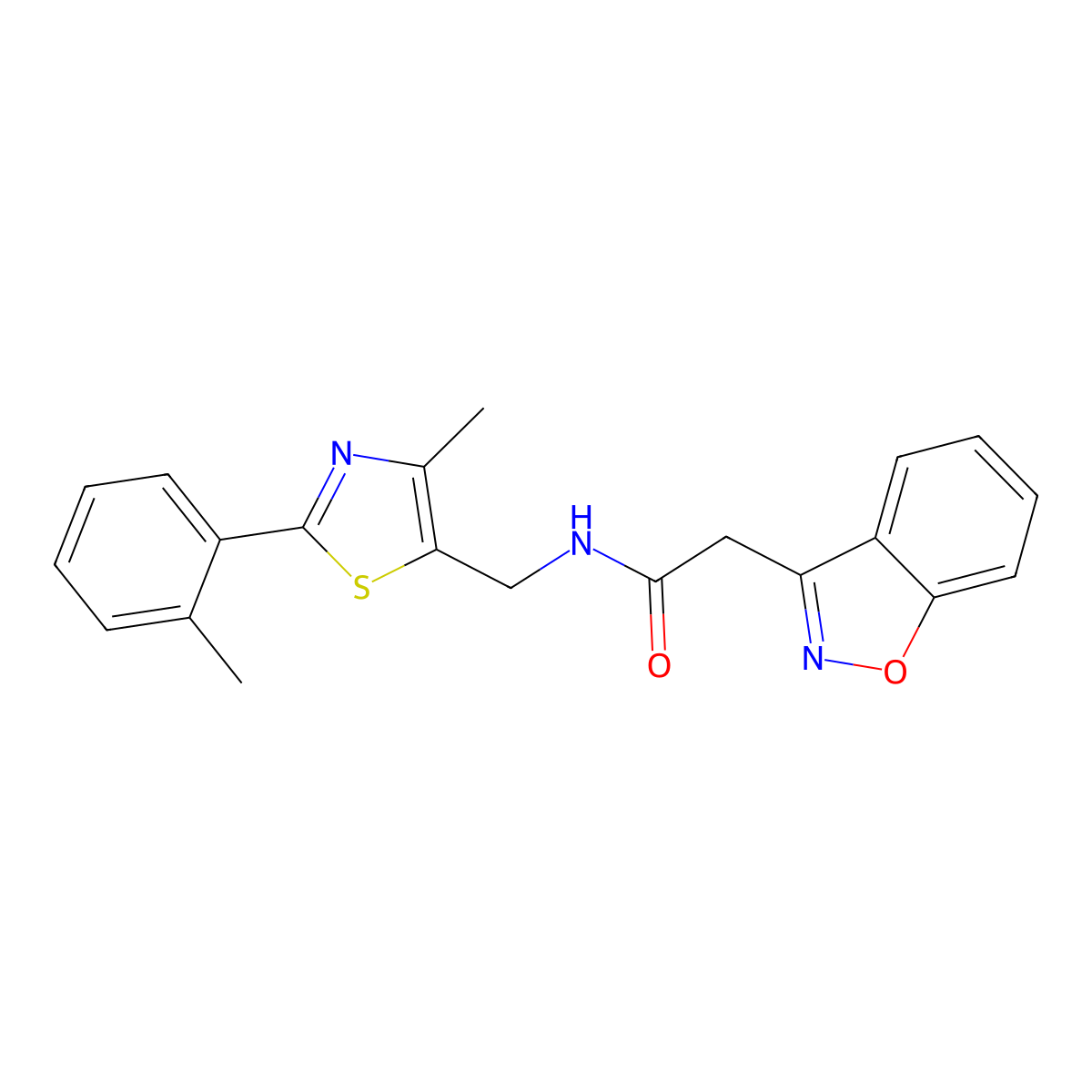 2-(benzo[d]isoxazol-3-yl)-N-((4-methyl-2-(o-tolyl)thiazol-5-yl)methyl)acetamide molecular structure, CAS 1448125-79-8