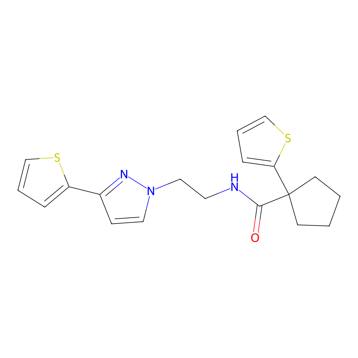 1-(thiophen-2-yl)-N-(2-(3-(thiophen-2-yl)-1H-pyrazol-1-yl)ethyl)cyclopentanecarboxamide molecular structure, CAS 1448125-98-1