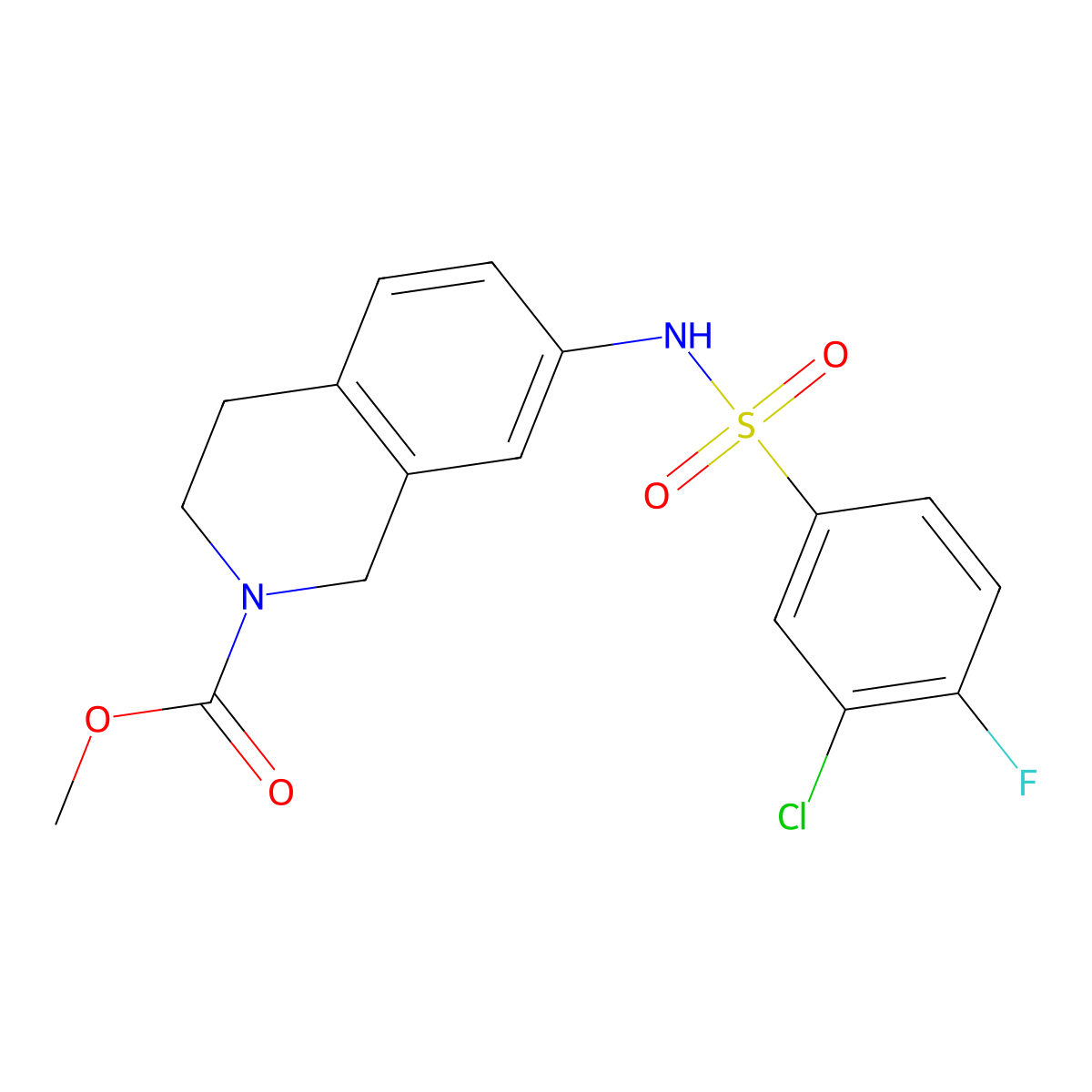 Methyl 7-(3-chloro-4-fluorobenzenesulfonamido)-1,2,3,4-tetrahydroisoquinoline-2-carboxylate molecular structure, CAS 1448126-09-7